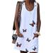 Women Casual Mini Dress Boho Butterfly Printed Sleeveless Scoop Neck Party Tunic Long Tops Loose Buttons Summer Beach Holiday Dresses