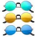3 Pack Round Metal Frame Comfort Plastic Nose Bridge Fashion Sunglasses for Women for Men, Green, Blue & Yellow