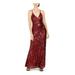 NIGHTWAY Womens Red Sequined Sleeveless V Neck Maxi Sheath Evening Dress Size 8