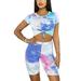2 Piece Womens Tie-Dye Bodycon Sports Outfits Short Sleeve T-Shirt Top and Shorts Clothes Sets