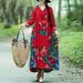 Women Vintage Loose Dress Boho Contrast Print Long Sleeves Oversized Robe Maxi Long Dress