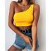 New Women's One Off Shoulder Tops Knitted Solid Color Top One Strap Top Sleeveless Short Ribbed Broadcloth Low-cut Casual Streetwear Tank Tops