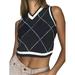 Multitrust Women V Neck Sleeveless Argyle Sweater Knit Vest Slim Fit Ribbed Tank Crop Top