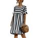 UKAP Women Summer Beach Loose Tunic Dress Striped Printed Flowy Dressed Flare Sleeve Pockets Sundress Black M=US 8-10