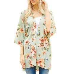 Women Loose Beach Tops Chiffon Cardigan Loose Shawl Kimono Cardigan Bikini Cover Up Summer Beach Ladies Casual Floral Beach Open Front Half Sleeve Shawl Beachwear Swimwear Bathing Suit