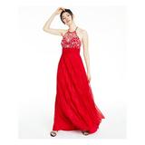 B DARLIN Womens Red Embellished Sleeveless Halter Full-Length Fit + Flare Prom Dress Size 3\4
