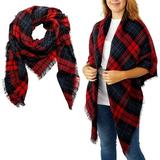 Red Plaid Blanket Scarf, Oversized Cozy Shawl Wrap for Women (53"x53")