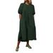 VONDA Women Round Neck Puff Sleeve Loose Casual Solid Cotton Dress