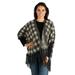24seven Comfort Apparel Checkered Open Front Fringe Poncho Sweater
