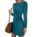 Fashion Women Solid Long Sleeves Dress Tie Knot Waist Ruched Front O Neck Autumn Spring Casual Dress