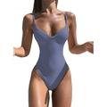 EYIIYE Women Summer Solid Color V-Neck Sleeveless One-Piece Strap Swimsuit