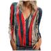 Womens V-neck Zipper Colour Stripe Printing Long Sleeves Graphic T Shirts