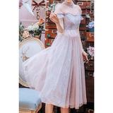 Women Halter Neck Off Sheer Shoulder Pleated Sleeves Dress