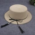 Women Sun Cap Straw Hat Boater Hat Wide Brim Bow Tassel Flat Summer Panama Beach Hat