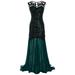 Women Sequined Gown Dress Sleeveless Pearls Mesh Ruffles Hem Cocktail Party Ball Dress