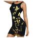 Lyinloo Women's Tank Dress Butterfly Print O-collar Casual Slim Fit Sleeveless Dress Yellow S