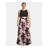 BETSY & ADAM Womens Black Floral Sleeveless Jewel Neck Full-Length Sheath Evening Dress Size 14W
