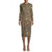 DONNA KARAN Womens Brown Printed Long Sleeve Crew Neck Tea-Length Shift Dress Size 2