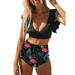 Sexy Dance Floral Print Two Piece Swimsuit Swimwear High Waist for Women Ladies Beachwear Push-Up Bra Padded Bathing Suit Bikini Tankini V Neck Ruffle Crop Swim Tops Swimming Costume S-XL