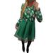 Seyurigaoka Seyurigaoka Female Dress, Christmas Floral Print Round Neck Long Sleeve One-Piece for Women, Green/Red