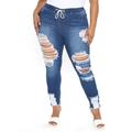 Women High Waist Denim Pants Distressed Ripped Skinny Leg Jeans Long Trouser Elastic Waist Slim Fit Casual Pencil Trousers