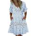 UKAP Women Summer V Neck Mini Dress Short Sleeve Loose Swing Dress Summer Beach Holiday Casual Sundress