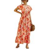 Sexy Dance Womens Short Sleeve Smocked Empire Waist Long Maxi Dress Button Up Waistband Floral Long Dress Orange (Flower) M(US 6-8)