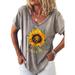 Short Sleeve V-Neck T-shirts for Ladies Oversize Casual Blouse Womens Classic Fitting Cotton Blouse Shirts Sunflower Pattern Casual T Khaki S(US 2-4)