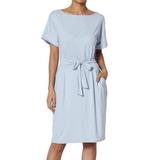 TheMogan Women's S~3X Tie Waist Short Sleeve Stretch Knit Shift Dress Casual to Office