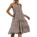 Sexy Dance Women's Plaid Print Swing Dress Sleeveless Round Neck Stitching Tunic Flowy Dress Knee Length Coffee M=US 8-10