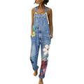 Women's Casual Denim Jumpsuits Floral Overall Jeans Silm Pants Trousers
