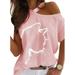 UKAP Women's Short Sleeve T-Shirt Cat Graphic Print Summer Cold Shoulder Tunic Tops Loose Blouse