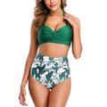 Sexy Dance S-XXL Women Ladies 2Pcs Swimsuit Top With High Waist Swim Briefs Bottoms, Back Strap V Neck Tankini Set Leaves Print Swimwear Beachwear Swimming Costumes Bathing Suit Push Up Bra Padded