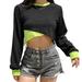 Girl Tops Autumn Fashion O-Neck Constrast Color Patchwork Crop Tops Gothic Tees Shirt Long-Sleeve Black Crop-Tops Crop Tops