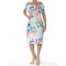 CALVIN KLEIN Womens Aqua Scuba Floral Short Sleeve Off Shoulder Knee Length Formal Dress Size: 14