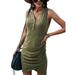 Avamo Women Casual V Neck Ruched Sleeveless Tank Bodycon Shirt Short Mini Dresses Button Sundress