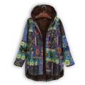 Alloet Ethnic Print Women Hooded Coat Rustic Long Sleeve Fleece Jacket