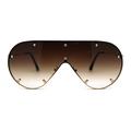 Metal Stud Brow Line Flat Top Rimless Shield Racer Sunglasses Gold Brown