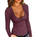 Women's Scoop Neck Henley Sweatshirts Low Cut Solid Sexy Fall Long Sleeve Button Down Shirts