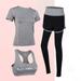 Gym 3 Piece Set Elastic Short Sleeve Fitness Tops Trousers and Bra Spring Autumn Cotton Breathable Sports Sets for Ladies Gray XXL