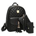 3-in-1 Tassels Backpack for Women, PU Leather Rhomboids Backpacks Stylish School Daypack Bag Crossbody Bag Purse Set, Black