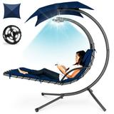 Best Choice Products Hanging LED-Lit Curved Chaise Lounge Chair for Backyard Patio w/ Pillow Canopy Stand - Navy