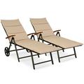 Patiojoy 2PCS Folding Outdoor Rattan Chaise Lounge Chair Cushioned Recliner with Wheels&Brown Cushion