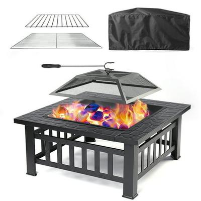 Enyopro Multifunctional Fire Pit Table, Square Wood Burning Fire Pit Table