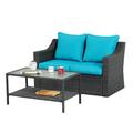 Superjoe Patio Sofa Outdoor Furniture Wicker Loveseat with Glass Table Conversation Chair for Garden Deck Porch Gray Rattan Blue Cushions