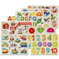 Baby Hand Grasp 3D Wooden Puzzles Toy Alphabet Animal Chunky Tangram Jigsaw Cartoon Puzzles Full-Color Pictures for Preschool Educational Jigsaw Puzzles