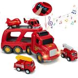 Transport Truck Toys Kids Car Toy Set 5 in 1 Kids Transport Truck Carrier Toy Large Transport Cargo Truck with Light & Sound Push and Go Play Vehicles Toys Small Helicopter Airplane
