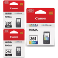 Genuine Canon PG-260 Black Ink Cartridge (3707C001) (2 Pieces) + CL-261 Color Ink Cartridge (3725C001) Fits PIXMA TR7020 TS6420 and TS5320 Printers