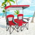 Gymax Folding 2-person Camping Chairs Double Sunshade Chairs w/ Canopy Red