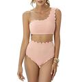 2 Piece One Shoulder Swimsuits for Women, High Waisted Bottom Scalloped Bikini Set, Petals Solid Wavy Edge Top Bathing Suits - pink - Large